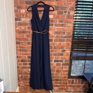GB womens sleeveless deep V wide leg jumpsuit with belt navy S